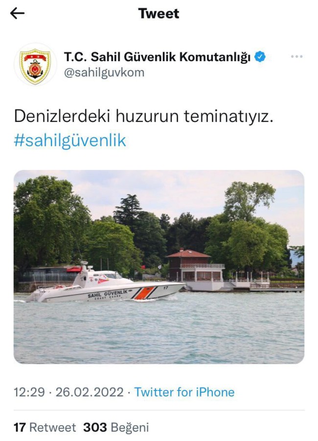 SAHİL GÜVENLİK KOMUTANLIĞI YÜRÜYEN KÖŞK’Ü SOSYAL MEDYA HESAPLARINDA PAYLAŞTI