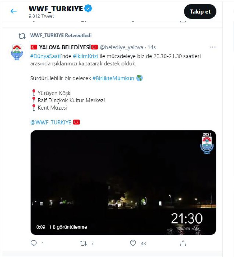 YALOVA BELEDİYESİ İKLİM KRİZİNE DİKKAT ÇEKMEK İÇİN DÜNYA SAATİ ETKİNLİĞİNE KATILDI